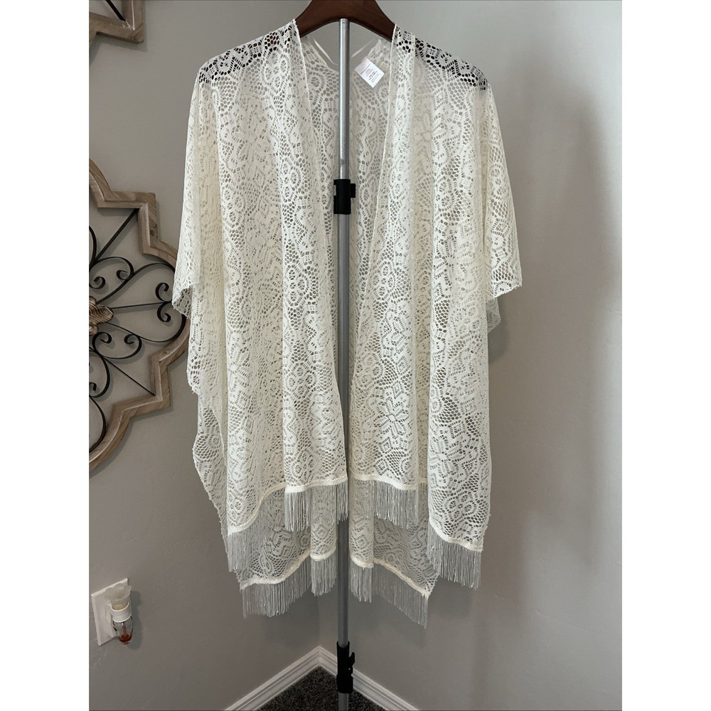 Faded Glory Lace Kimono Fringed Open Front‎ Boho Cardigan Ivory One Size